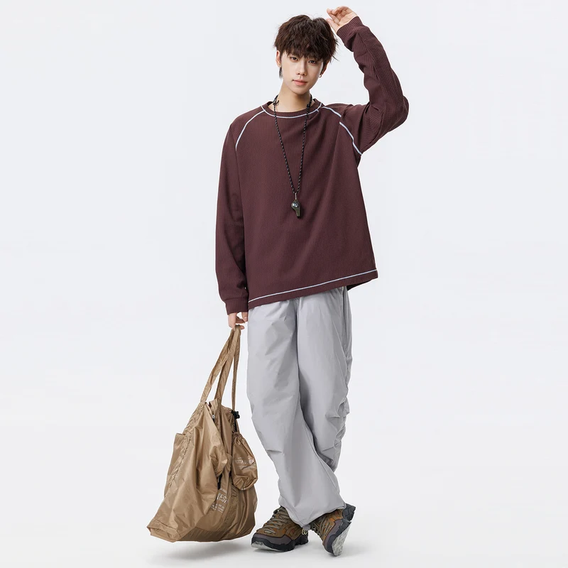 Herren Oversize Waffelstrick‑Sweatshirt mit Rundhals, Raglanärmeln und Kontrastnähten Drune