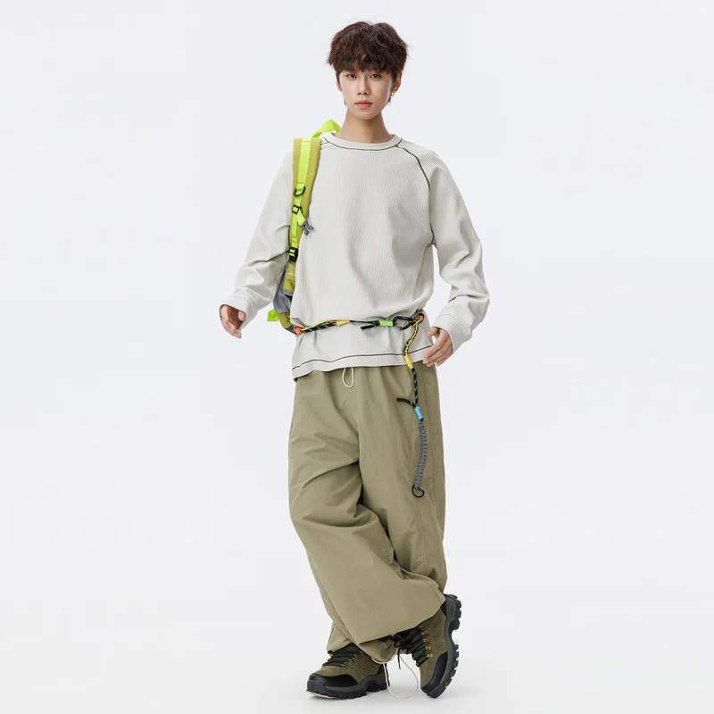 Herren Oversize Waffelstrick‑Sweatshirt mit Rundhals, Raglanärmeln und Kontrastnähten Drune