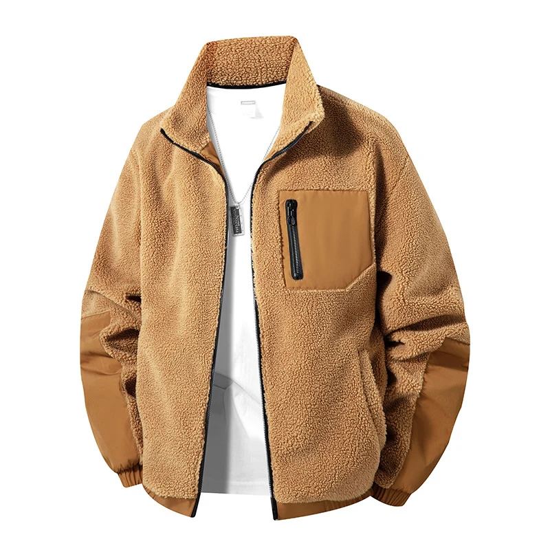 Herren Oversize Teddy-Fleecejacke mit Kontrast-Nylonbesätzen und Stehkragen Drune