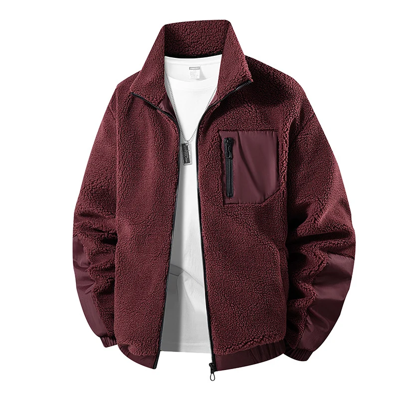 Herren Oversize Teddy-Fleecejacke mit Kontrast-Nylonbesätzen und Stehkragen Drune