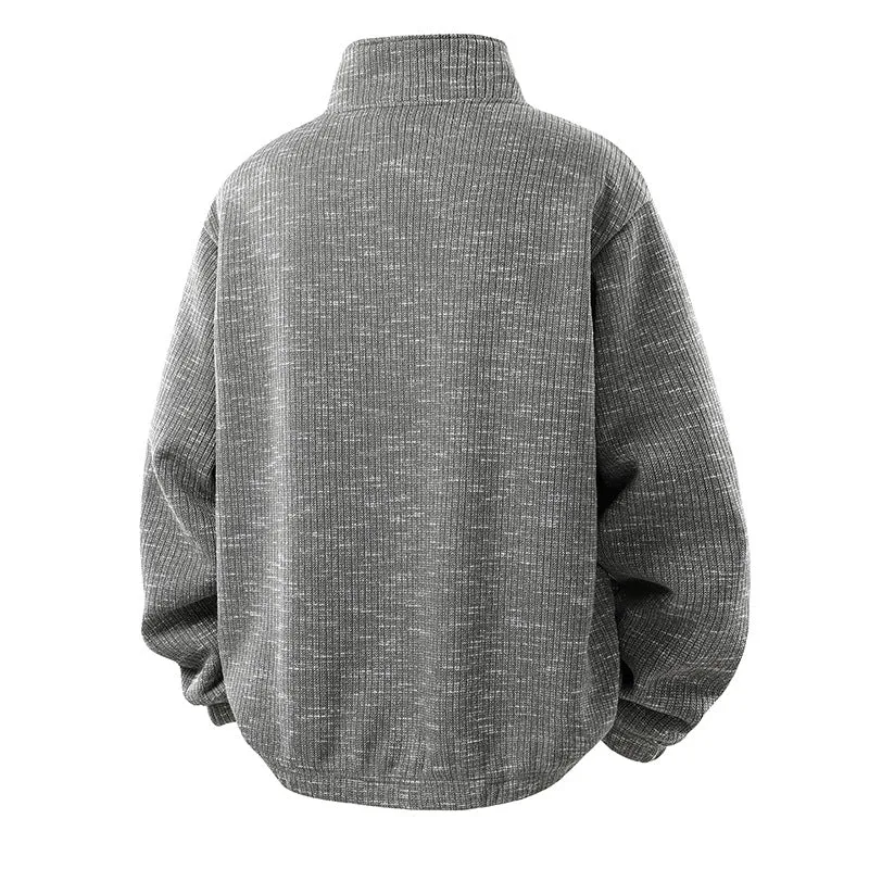 Herren Oversize Strickoptik Half-Zip Pullover mit Stehkragen und Reißverschlusstaschen Drune