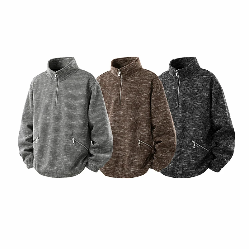 Herren Oversize Strickoptik Half-Zip Pullover mit Stehkragen und Reißverschlusstaschen Drune