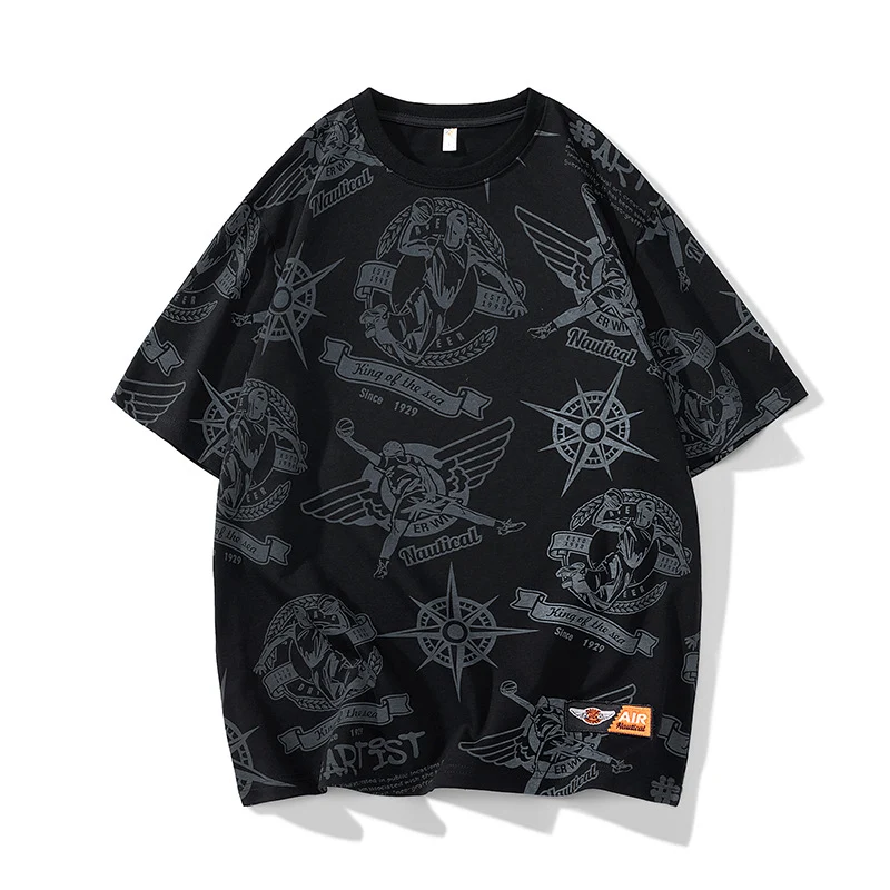 Herren Oversize-Print-T-Shirt mit Allover-Nautical-Logos und Rundhalsausschnitt Drune