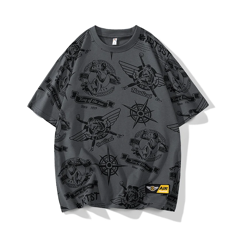 Herren Oversize-Print-T-Shirt mit Allover-Nautical-Logos und Rundhalsausschnitt Drune