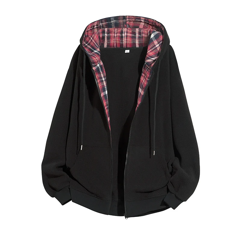 Herren Oversize-Kapuzenjacke mit kariert gefütterter Innenseite, Reißverschluss und Kängurutaschen Drune