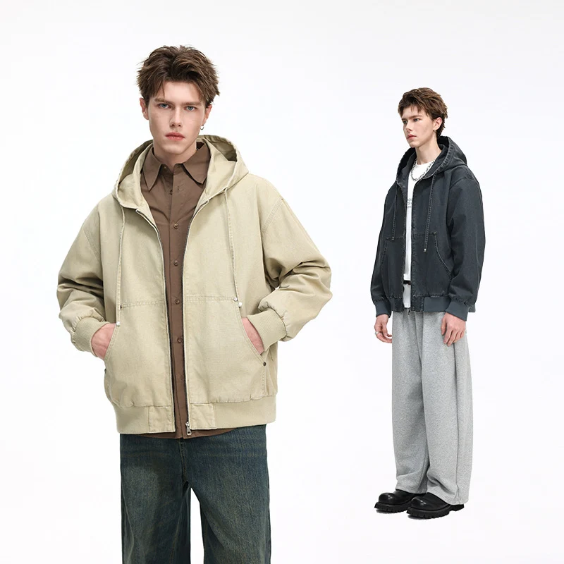 Herren Oversize Kapuzenjacke aus gewaschenem Canvas mit Reißverschluss und Utility-Taschen Drune
