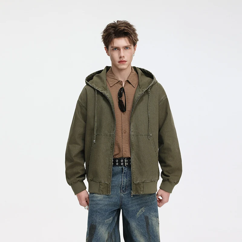 Herren Oversize Kapuzenjacke aus gewaschenem Canvas mit Reißverschluss und Utility-Taschen Drune