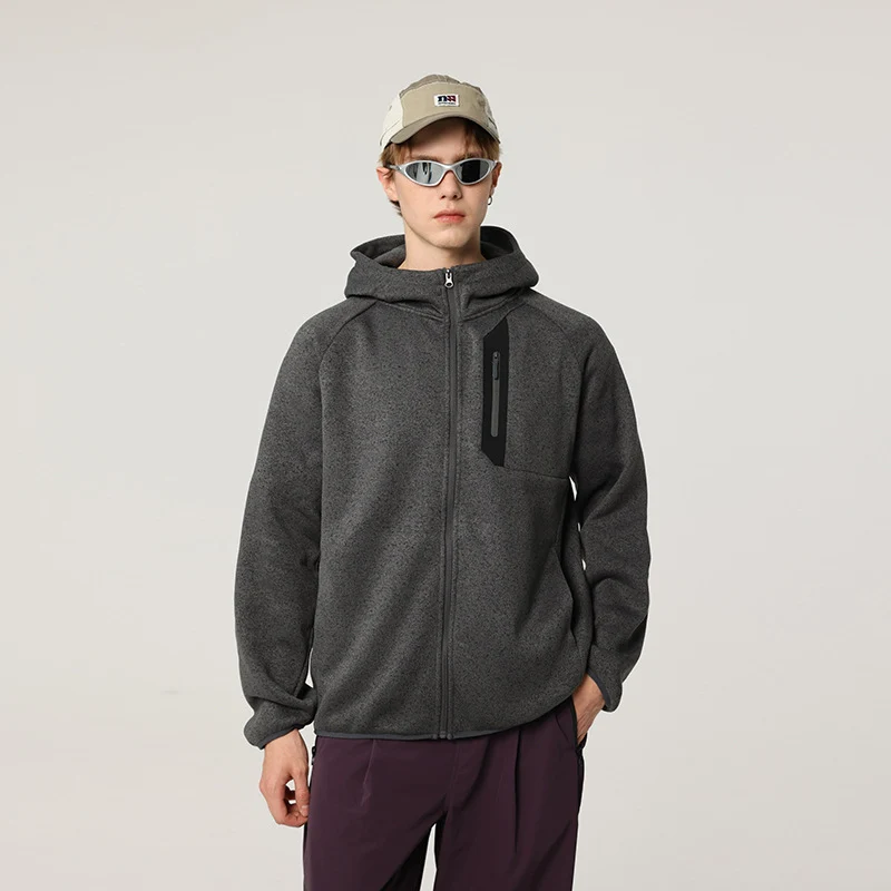 Herren Oversize Kapuzen‑Fleecejacke mit melierter Struktur, durchgehendem Reißverschluss und vertikaler Brusttasche Drune