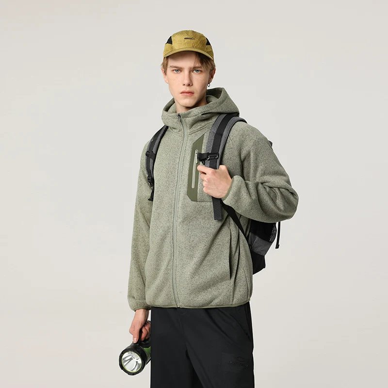 Herren Oversize Kapuzen‑Fleecejacke mit melierter Struktur, durchgehendem Reißverschluss und vertikaler Brusttasche Drune