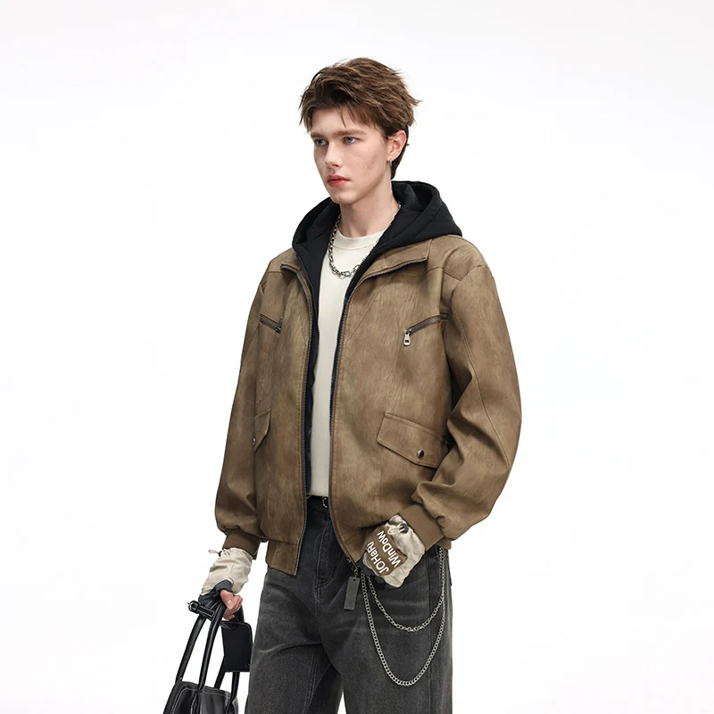 Herren Oversize-Blouson aus Kunstleder mit abnehmbarem Kapuzen‑Einsatz, Stehkragen und Utility‑Taschen Drune