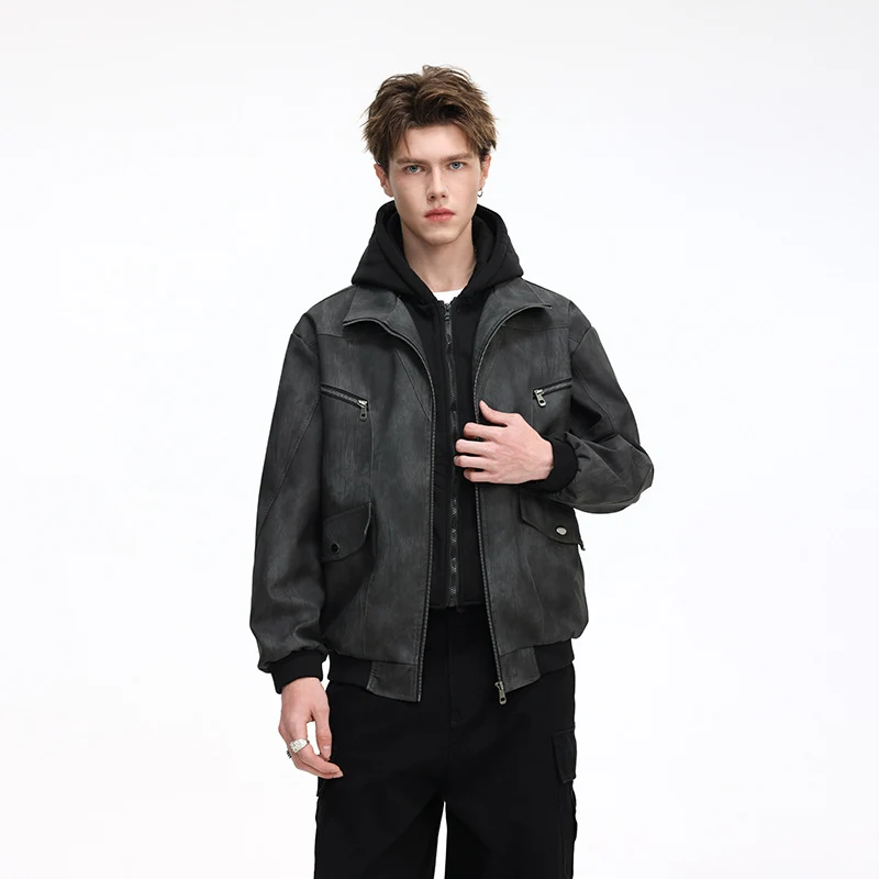 Herren Oversize-Blouson aus Kunstleder mit abnehmbarem Kapuzen‑Einsatz, Stehkragen und Utility‑Taschen Drune