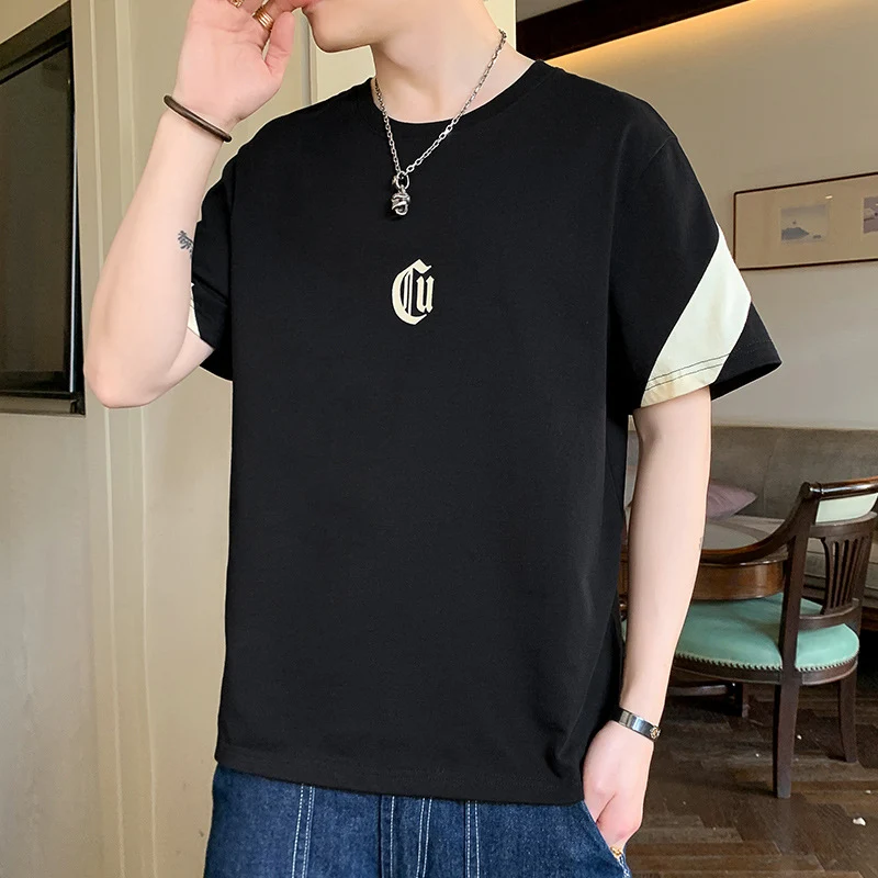 Herren Oversize-Baumwoll-T-Shirt mit Kontrastärmeln und Gothic-Logo Drune