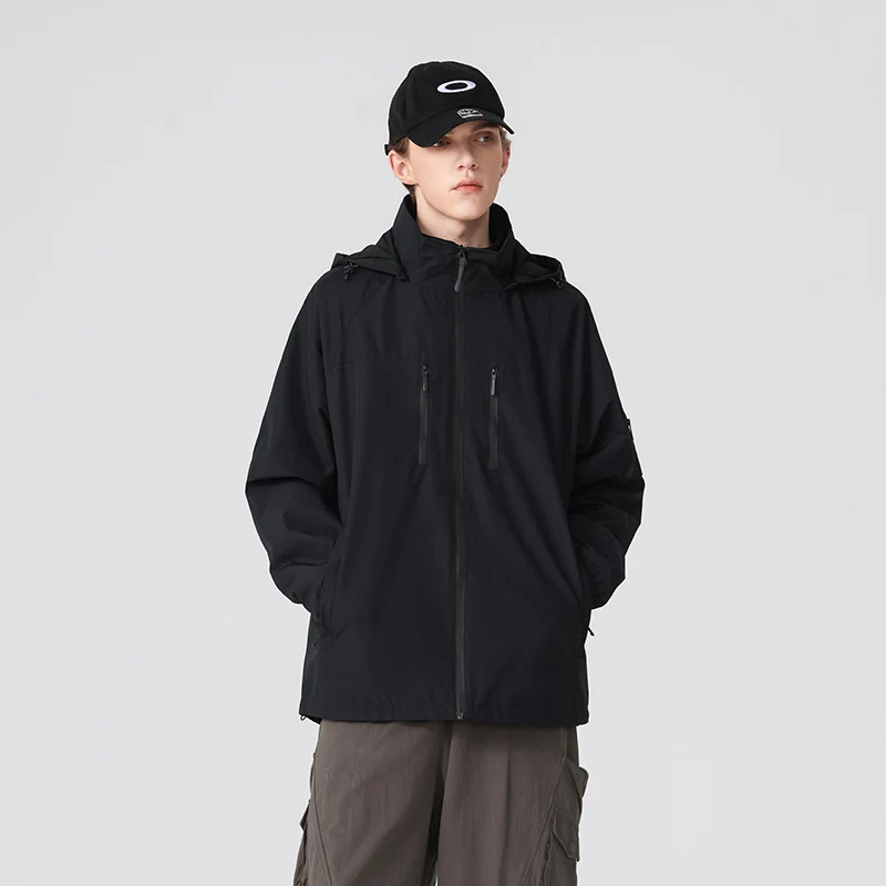 Herren Multifunktions-Shelljacke mit hoher Stehkragen-Kapuze, vertikalen Brusttaschen und Armtasche Drune