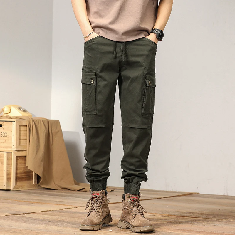 Herren Multifunktionale Canvas-Cargohose im Joggerstil mit elastischem Knöchelabschluss, Klappentaschen und Knieverstärkung Drune