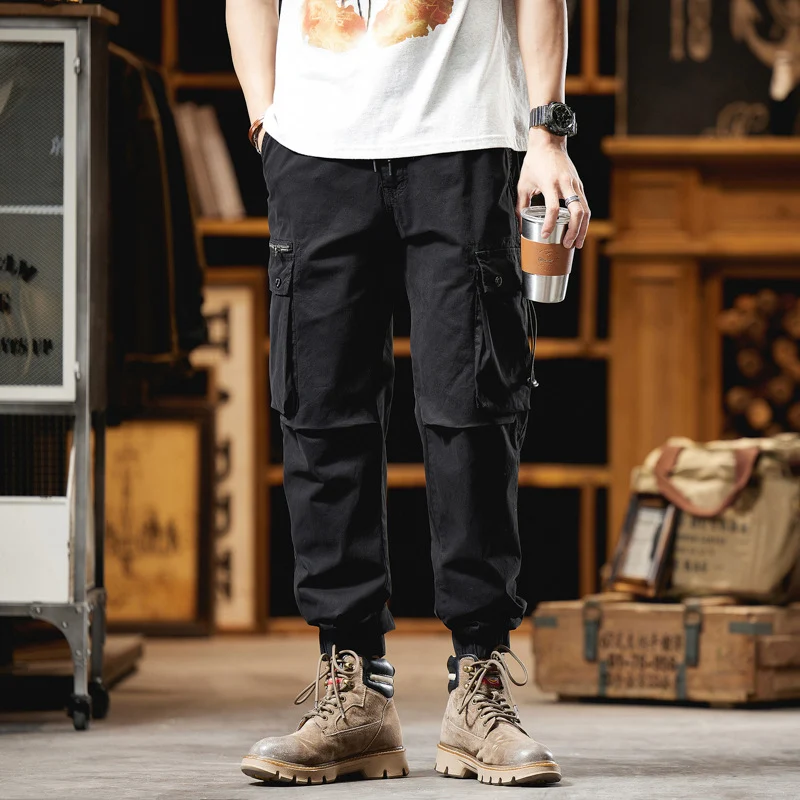 Herren Multifunktionale Canvas-Cargohose im Jogger-Cut mit elastischem Tunnelzugbund und Mehrfachtaschen Drune