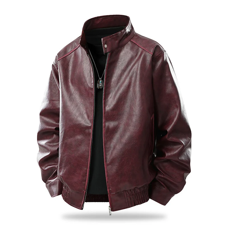 Herren Modern geschnittene Kunstleder-Fliegerjacke mit Stehkragen, Reißverschluss und elastischem Saum Drune