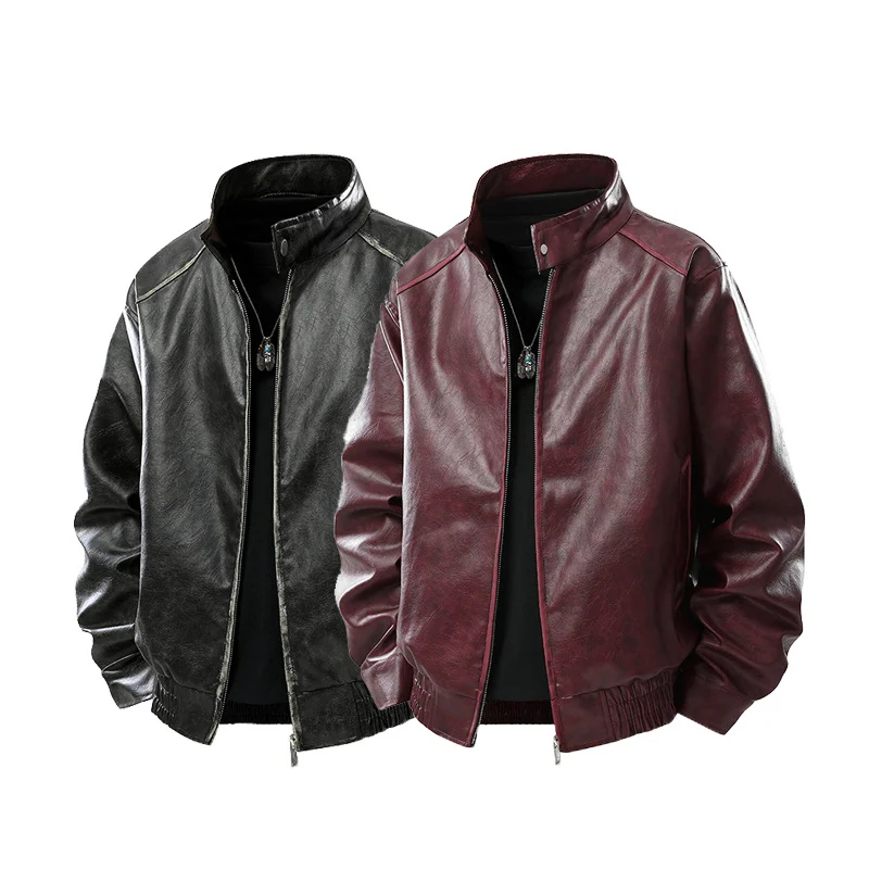 Herren Modern geschnittene Kunstleder-Fliegerjacke mit Stehkragen, Reißverschluss und elastischem Saum Drune