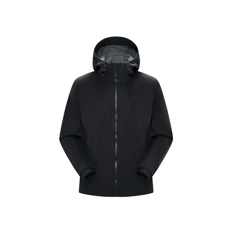 Herren Minimalistische Softshell‑Regenjacke mit verdecktem Reißverschluss, integrierter Kapuze und atmungsaktivem Meshfutter Drune