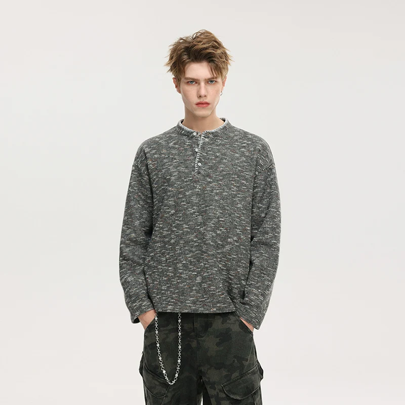 Herren Melierter Strick-Henley-Pullover mit Stehkragen, lockerer Passform und Knopfleiste Drune