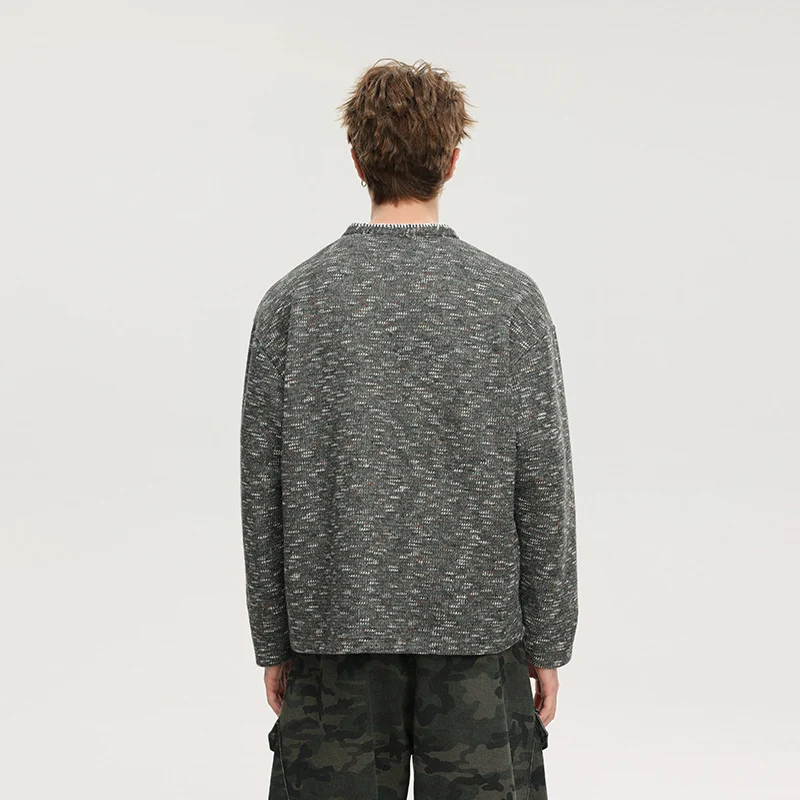 Herren Melierter Strick-Henley-Pullover mit Stehkragen, lockerer Passform und Knopfleiste Drune