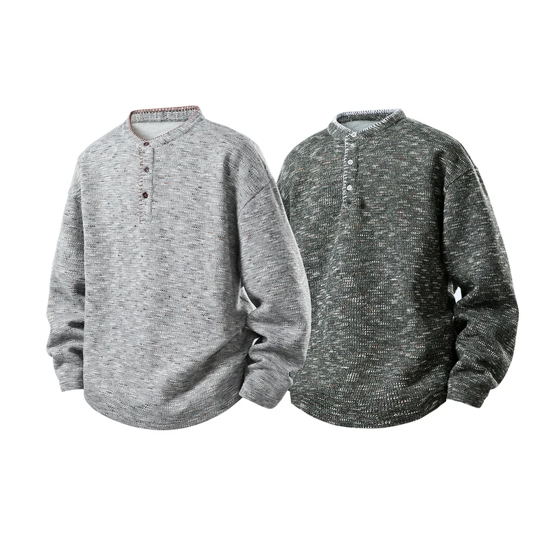 Herren Melierter Strick-Henley-Pullover mit Stehkragen, lockerer Passform und Knopfleiste Drune