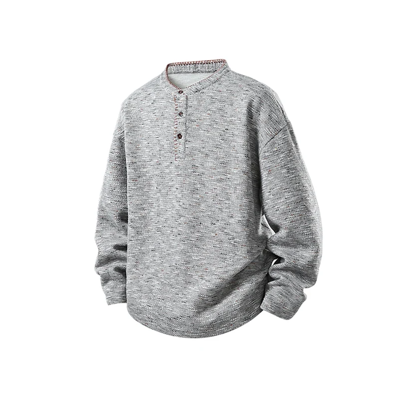 Herren Melierter Strick-Henley-Pullover mit Stehkragen, lockerer Passform und Knopfleiste Drune