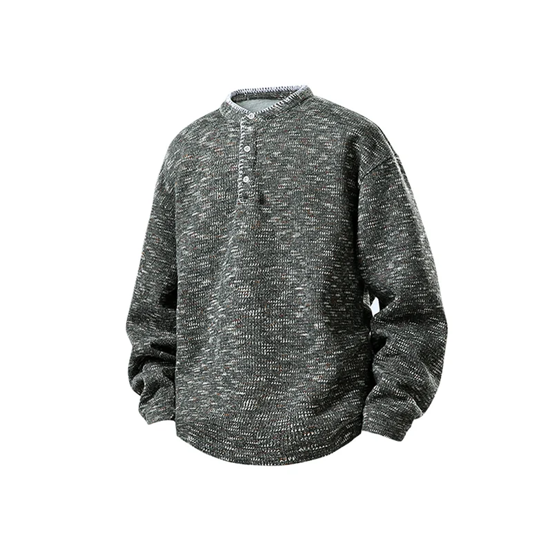 Herren Melierter Strick-Henley-Pullover mit Stehkragen, lockerer Passform und Knopfleiste Drune
