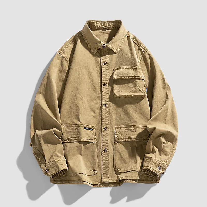 Herren Lockere Utility-Overshirt-Jacke mit Mehrfach‑Taschen aus robustem Baumwoll‑Twill Drune
