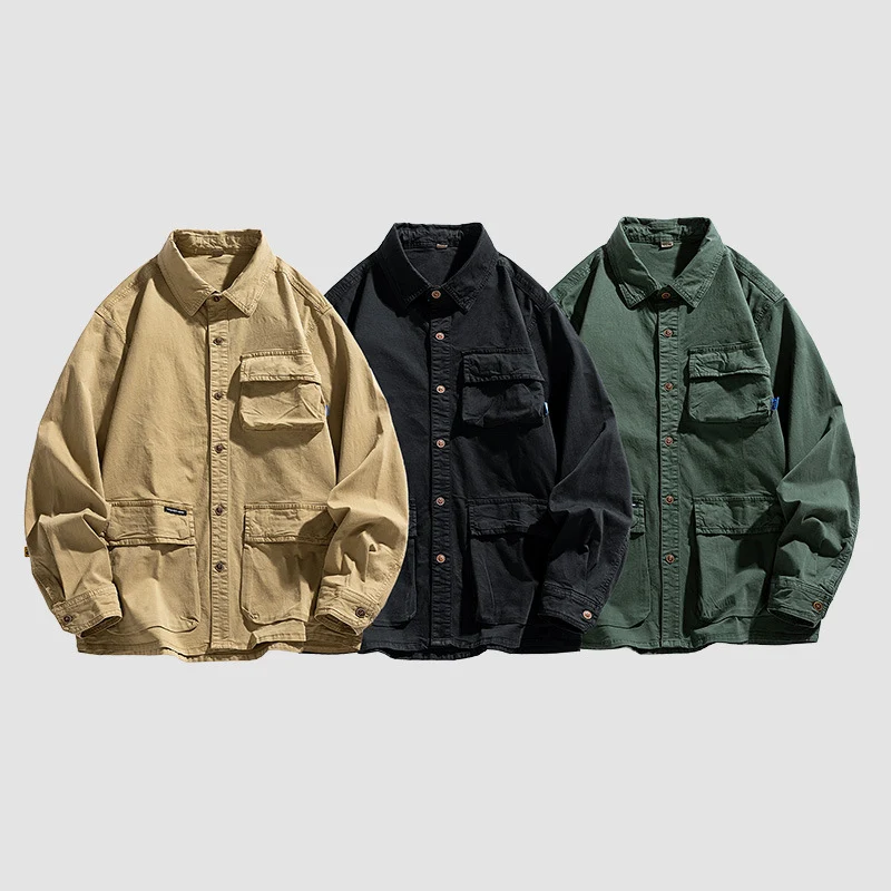 Herren Lockere Utility-Overshirt-Jacke mit Mehrfach‑Taschen aus robustem Baumwoll‑Twill Drune