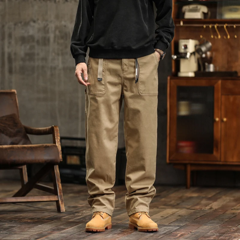 Herren Lockere Canvas-Cargohose mit Tunnelzugbund und aufgesetzten Fronttaschen Drune
