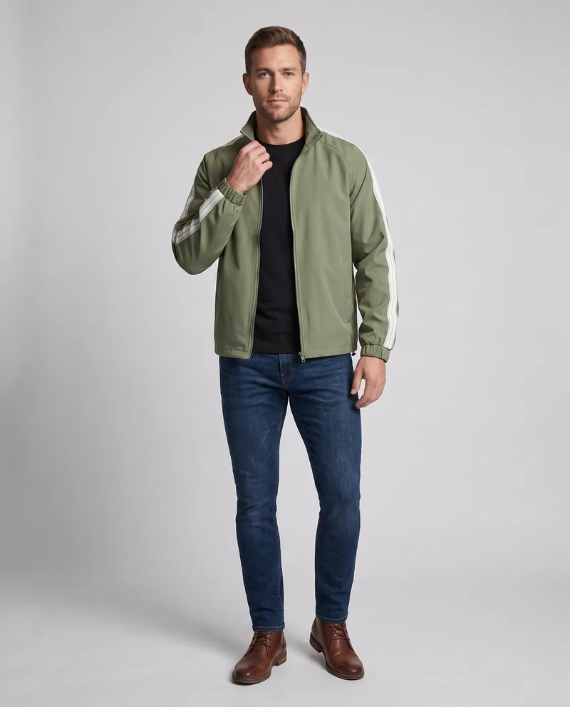 Leichte Sportjacke für Herren mit Ärmelstreifen, durchgehendem Reißverschluss und elastischen Bündchen