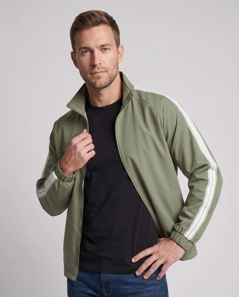 Leichte Sportjacke für Herren mit Ärmelstreifen, durchgehendem Reißverschluss und elastischen Bündchen