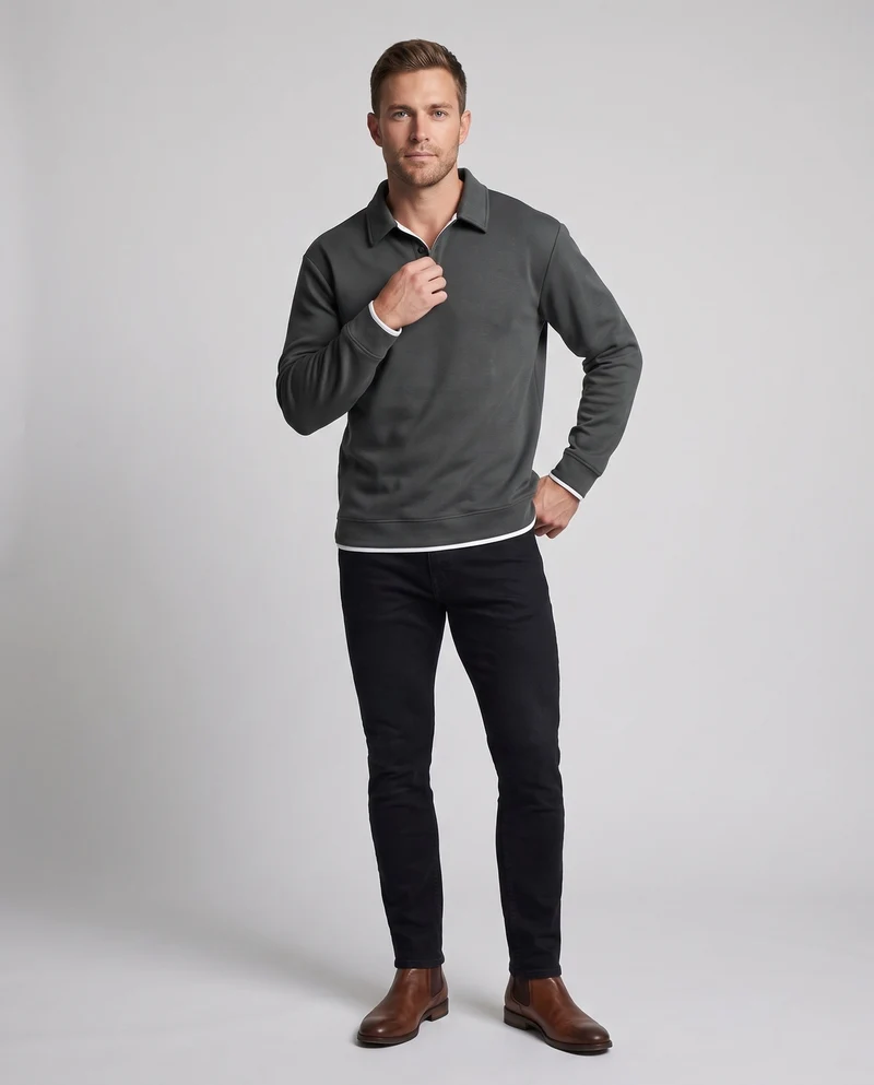 Herren lockere Passform Polohemd Sweatshirt mit Hemdkragen, subtiler Knopfleiste und kontrastierenden Kragen- und Ärmelverzierungen