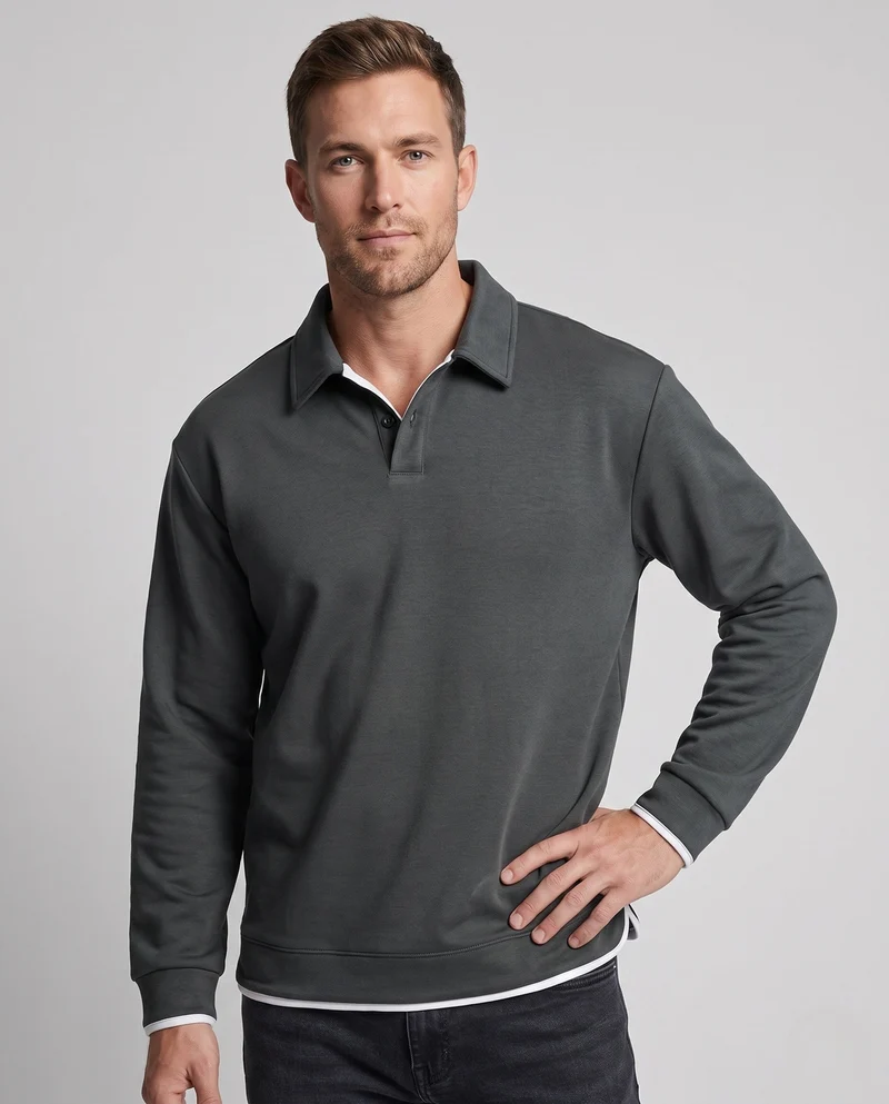 Herren lockere Passform Polohemd Sweatshirt mit Hemdkragen, subtiler Knopfleiste und kontrastierenden Kragen- und Ärmelverzierungen