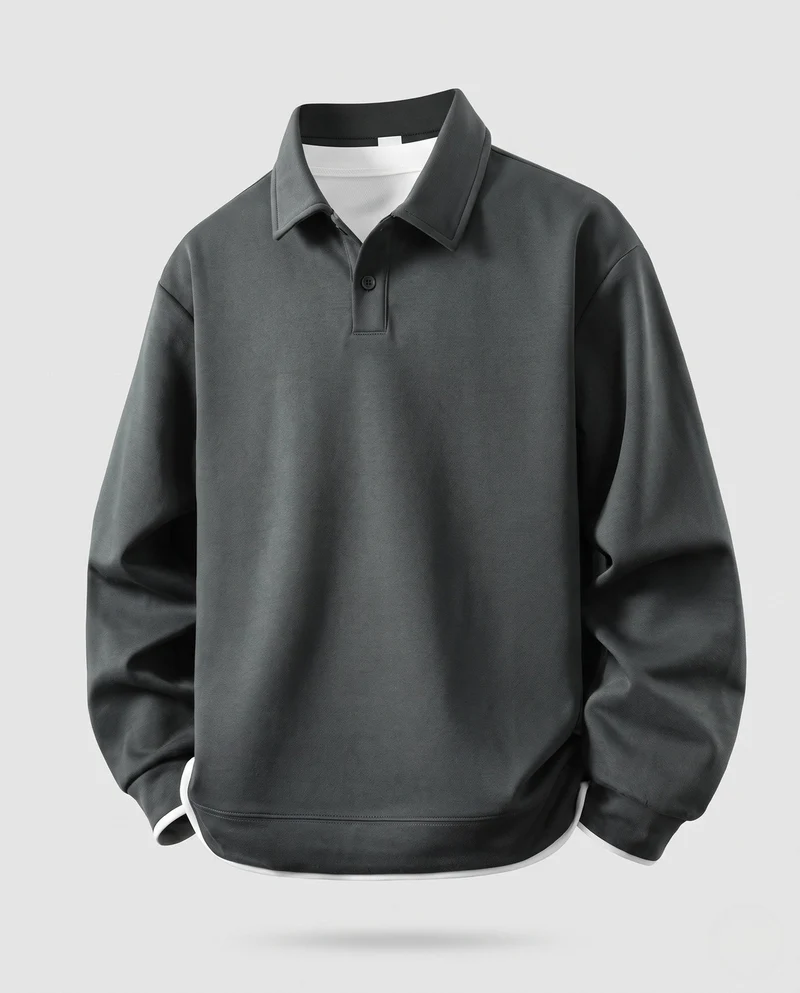 Herren lockere Passform Polohemd Sweatshirt mit Hemdkragen, subtiler Knopfleiste und kontrastierenden Kragen- und Ärmelverzierungen