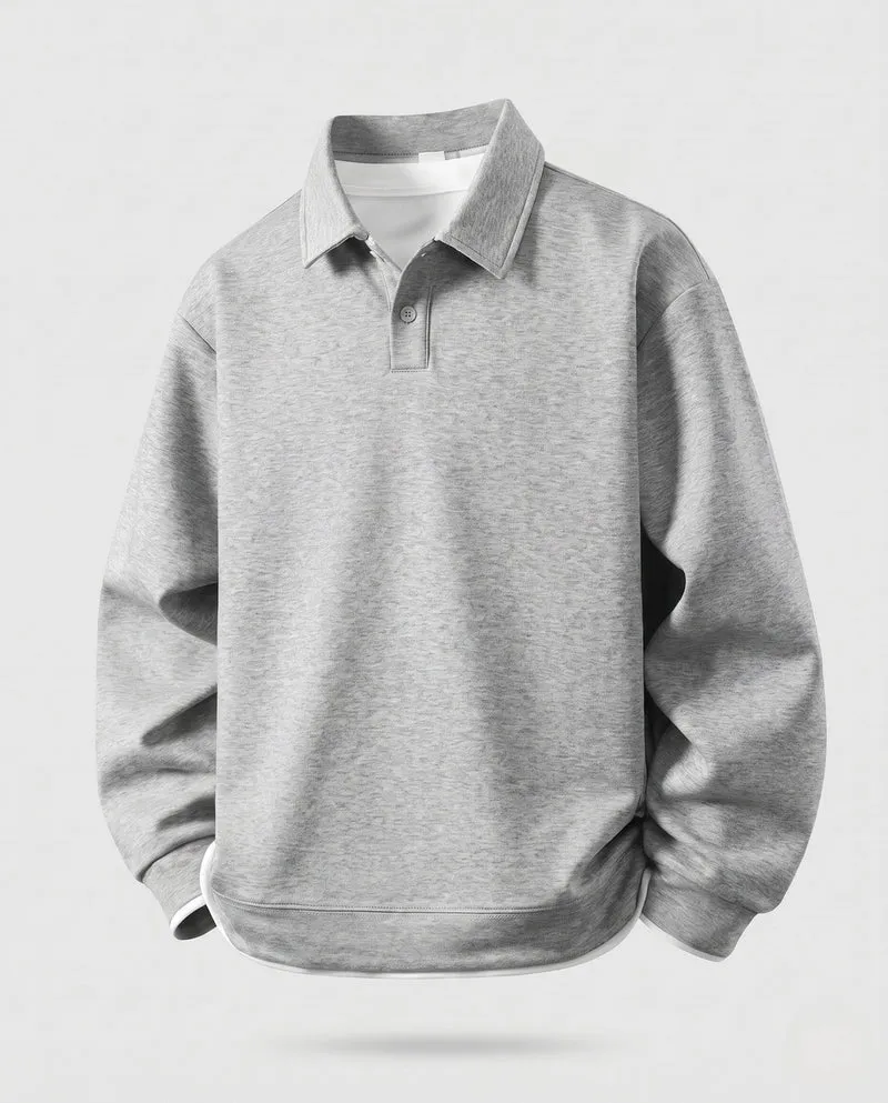 Herren lockere Passform Polohemd Sweatshirt mit Hemdkragen, subtiler Knopfleiste und kontrastierenden Kragen- und Ärmelverzierungen