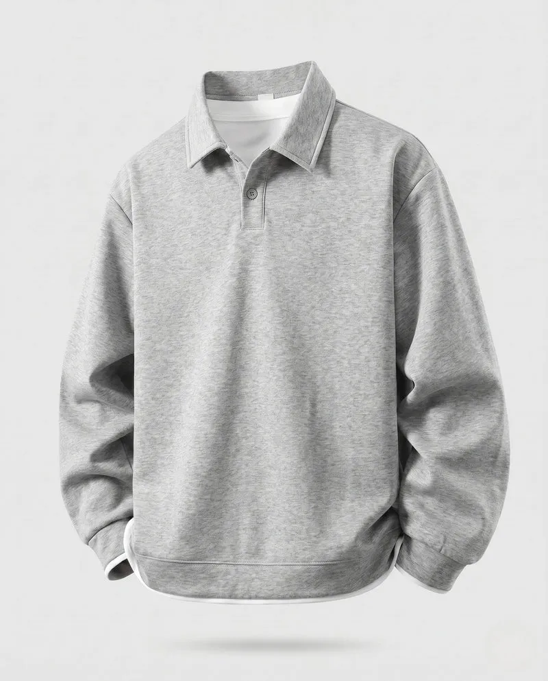 Herren lockere Passform Polohemd Sweatshirt mit Hemdkragen, subtiler Knopfleiste und kontrastierenden Kragen- und Ärmelverzierungen