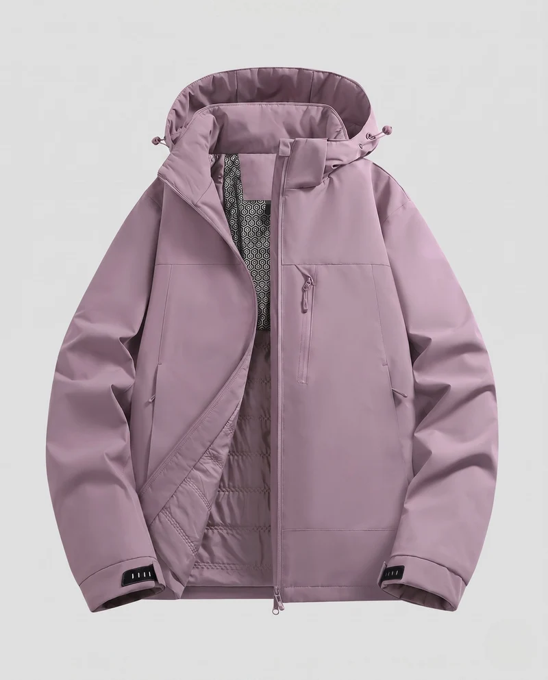 Männliche minimalistische funktionale Parka mit nahtversiegelten Reißverschlüssen, gepolstertem thermischem Futter und ergonomischer Kapuze