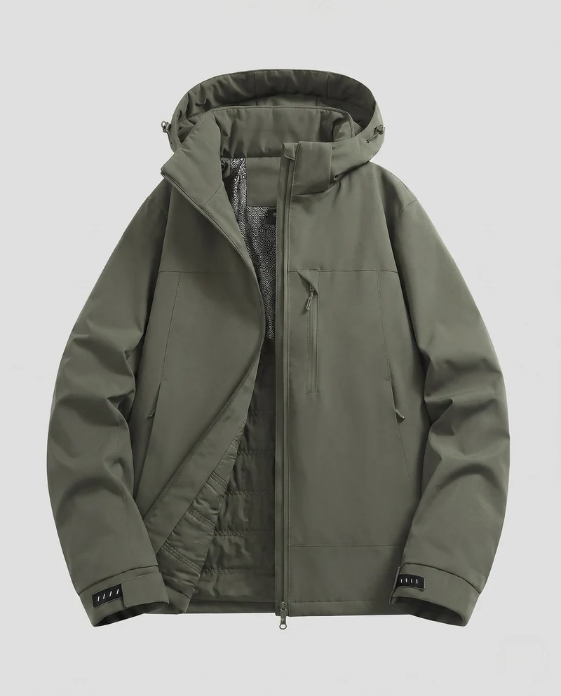 Männliche minimalistische funktionale Parka mit nahtversiegelten Reißverschlüssen, gepolstertem thermischem Futter und ergonomischer Kapuze