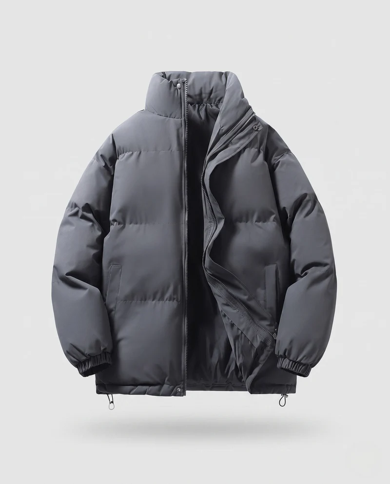 Herren minimalistische Thermo-Puffjacke mit hohem Stehkragen, internem Windschutz und elastischem Saum