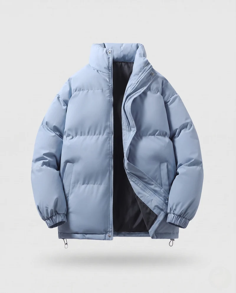 Herren minimalistische Thermo-Puffjacke mit hohem Stehkragen, internem Windschutz und elastischem Saum