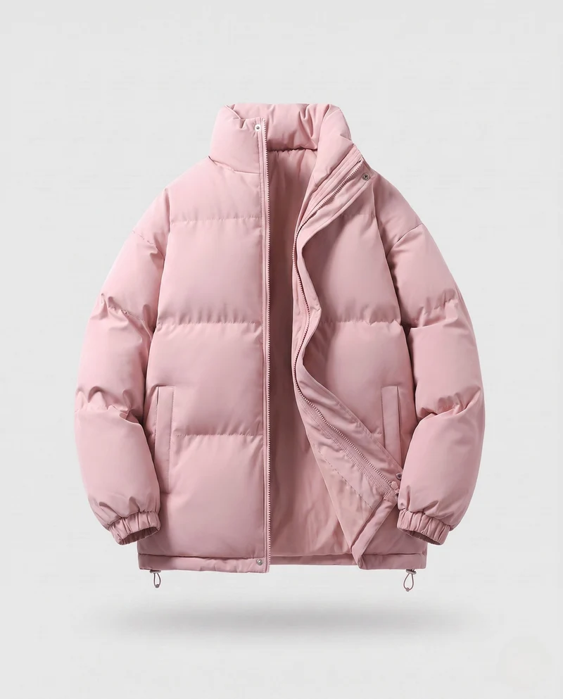 Herren minimalistische Thermo-Puffjacke mit hohem Stehkragen, internem Windschutz und elastischem Saum