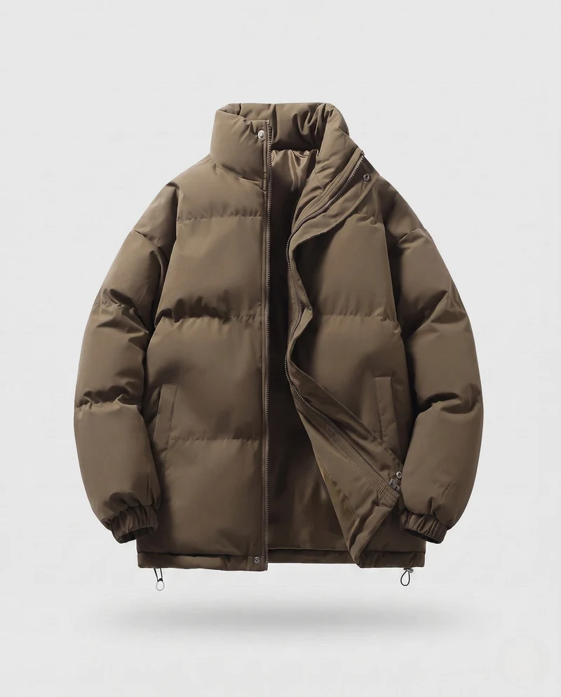 Herren minimalistische Thermo-Puffjacke mit hohem Stehkragen, internem Windschutz und elastischem Saum