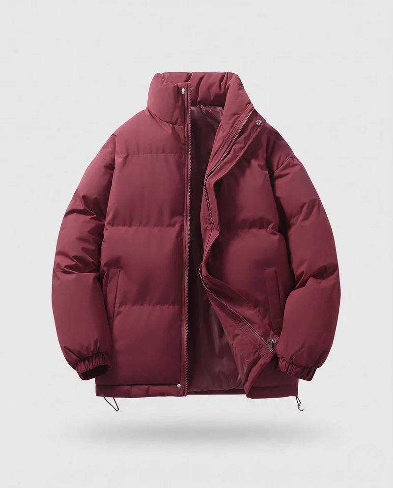 Herren minimalistische Thermo-Puffjacke mit hohem Stehkragen, internem Windschutz und elastischem Saum