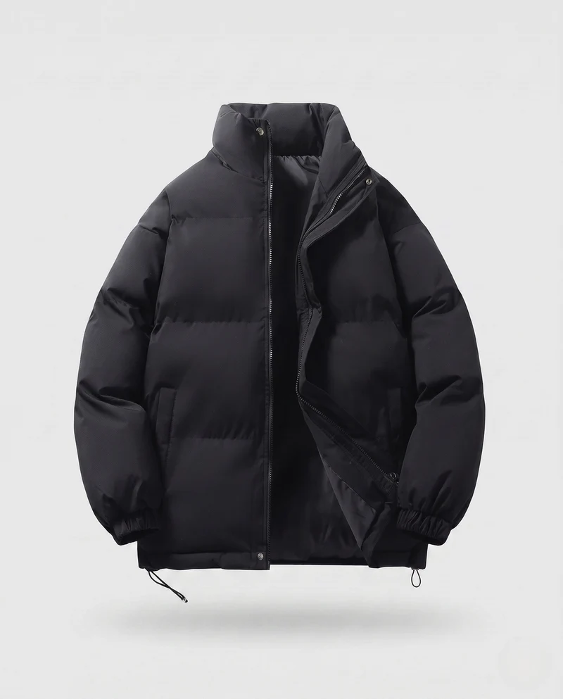 Herren minimalistische Thermo-Puffjacke mit hohem Stehkragen, internem Windschutz und elastischem Saum