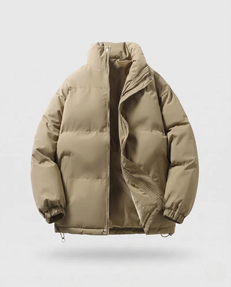 Herren minimalistische Thermo-Puffjacke mit hohem Stehkragen, internem Windschutz und elastischem Saum