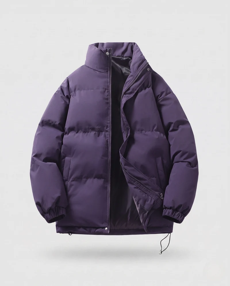 Herren minimalistische Thermo-Puffjacke mit hohem Stehkragen, internem Windschutz und elastischem Saum
