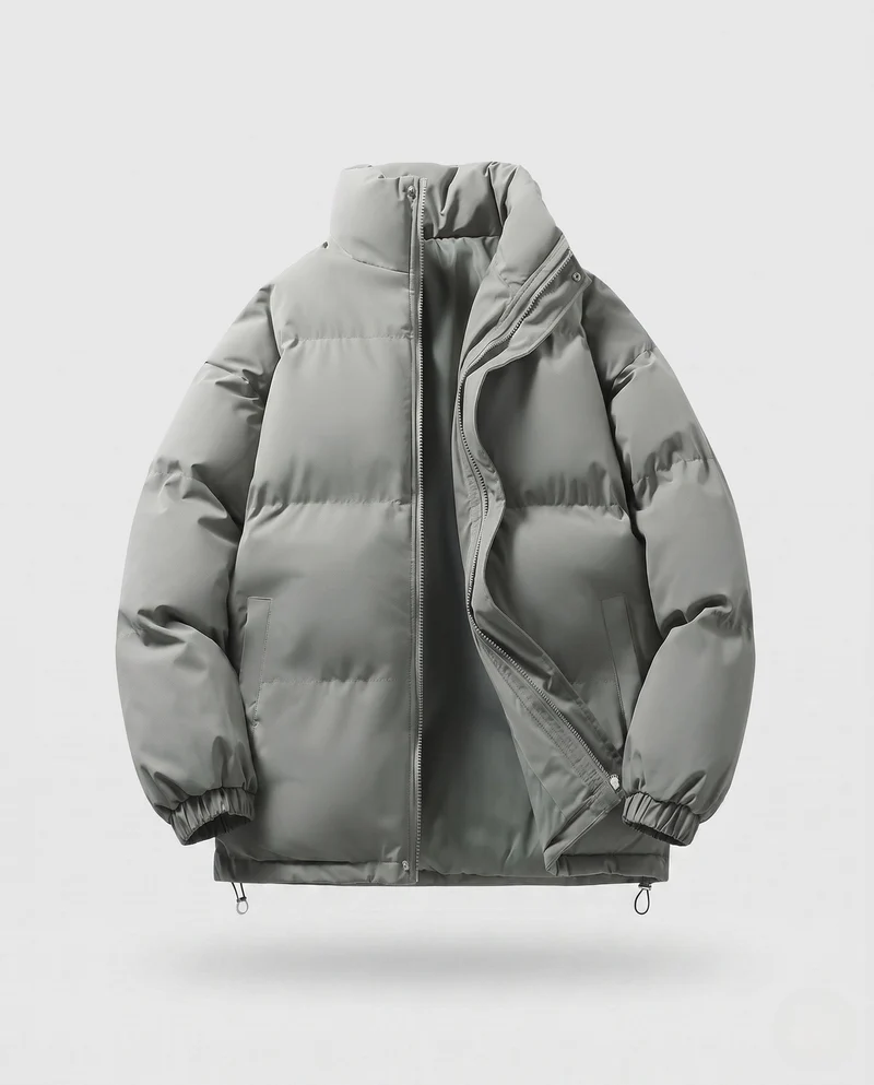 Herren minimalistische Thermo-Puffjacke mit hohem Stehkragen, internem Windschutz und elastischem Saum