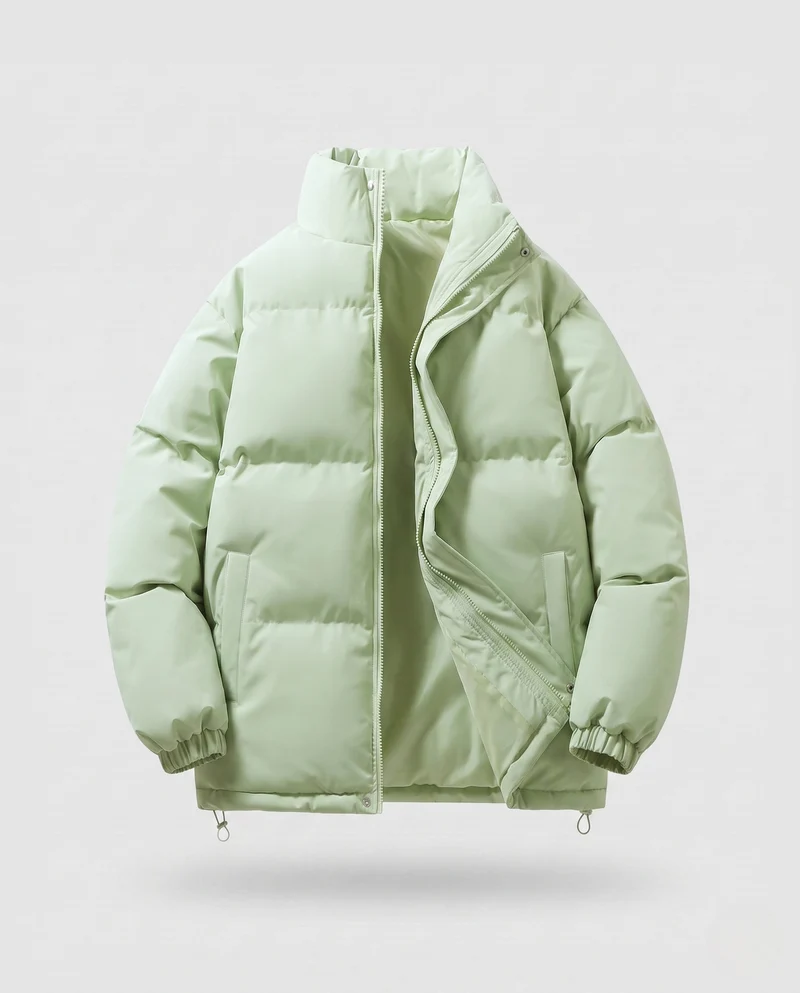 Herren minimalistische Thermo-Puffjacke mit hohem Stehkragen, internem Windschutz und elastischem Saum