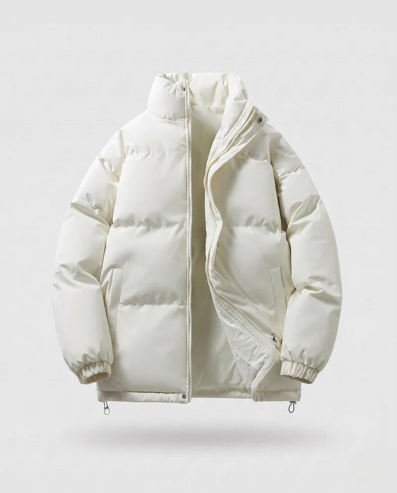 Herren minimalistische Thermo-Puffjacke mit hohem Stehkragen, internem Windschutz und elastischem Saum